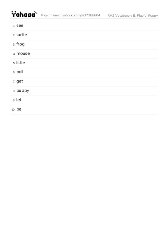 RAZ Vocabulary B: Playful Puppy PDF words glossary