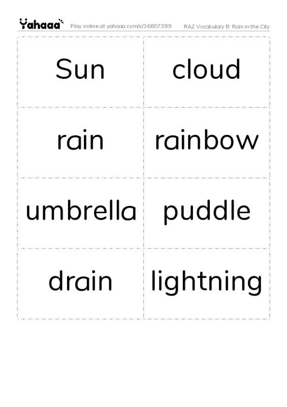 RAZ Vocabulary B: Rain in the City PDF two columns flashcards