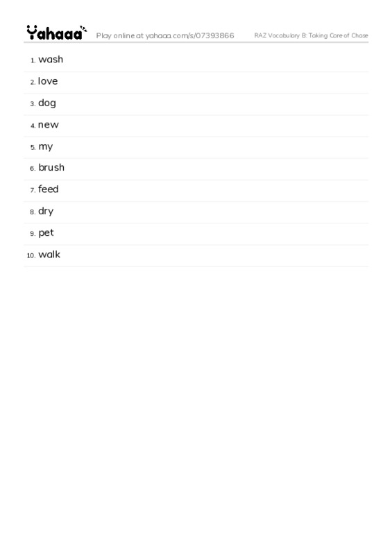 RAZ Vocabulary B: Taking Care of Chase PDF words glossary