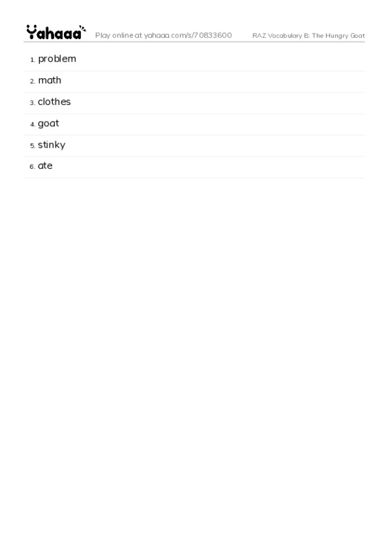 RAZ Vocabulary B: The Hungry Goat PDF words glossary