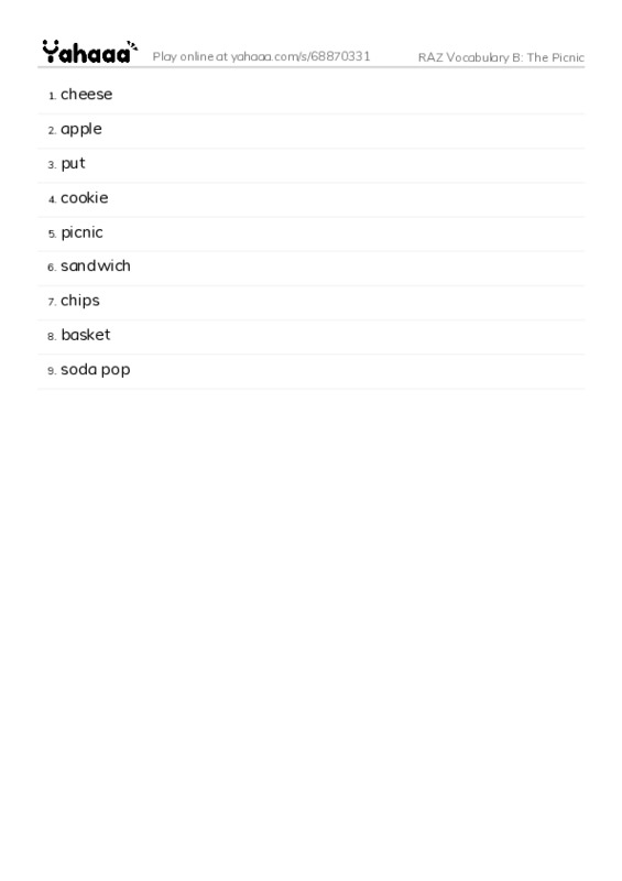 RAZ Vocabulary B: The Picnic PDF words glossary