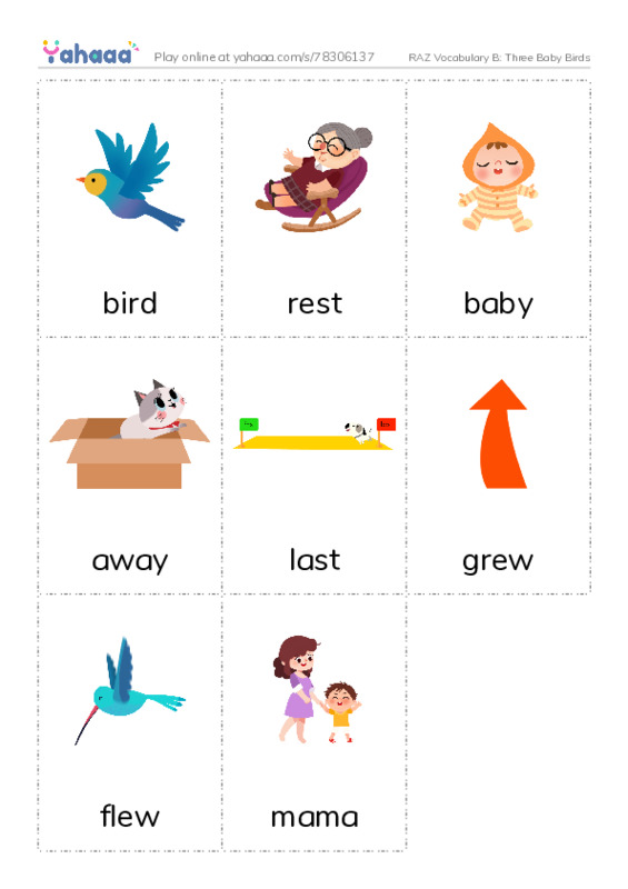 RAZ Vocabulary B: Three Baby Birds PDF flaschards with images
