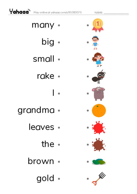 RAZ Vocabulary B: Too Many Leaves PDF link match words worksheet