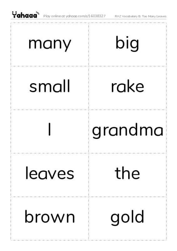 RAZ Vocabulary B: Too Many Leaves PDF two columns flashcards