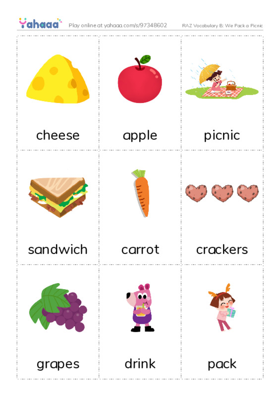 RAZ Vocabulary B: We Pack a Picnic PDF flaschards with images