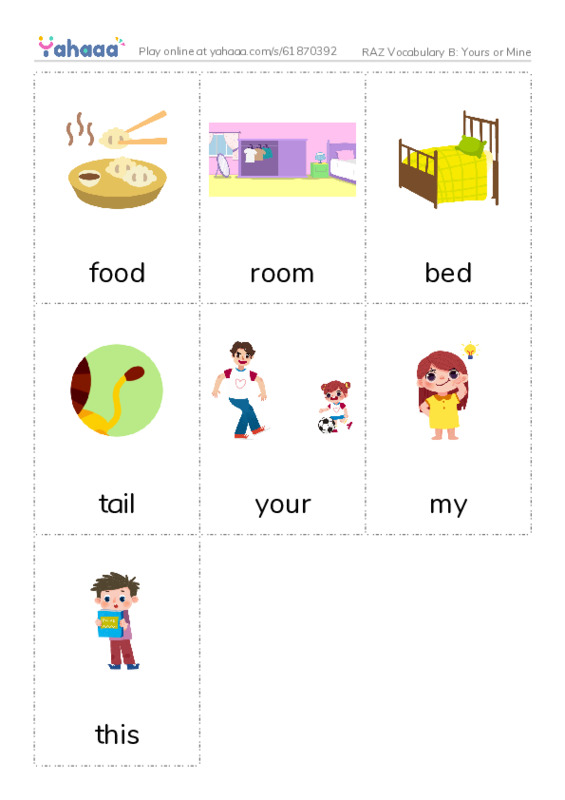 RAZ Vocabulary B: Yours or Mine PDF flaschards with images