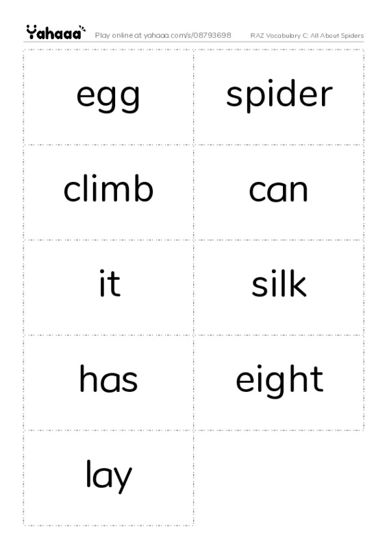RAZ Vocabulary C: All About Spiders PDF two columns flashcards
