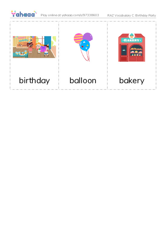 RAZ Vocabulary C: Birthday Party PDF flaschards with images