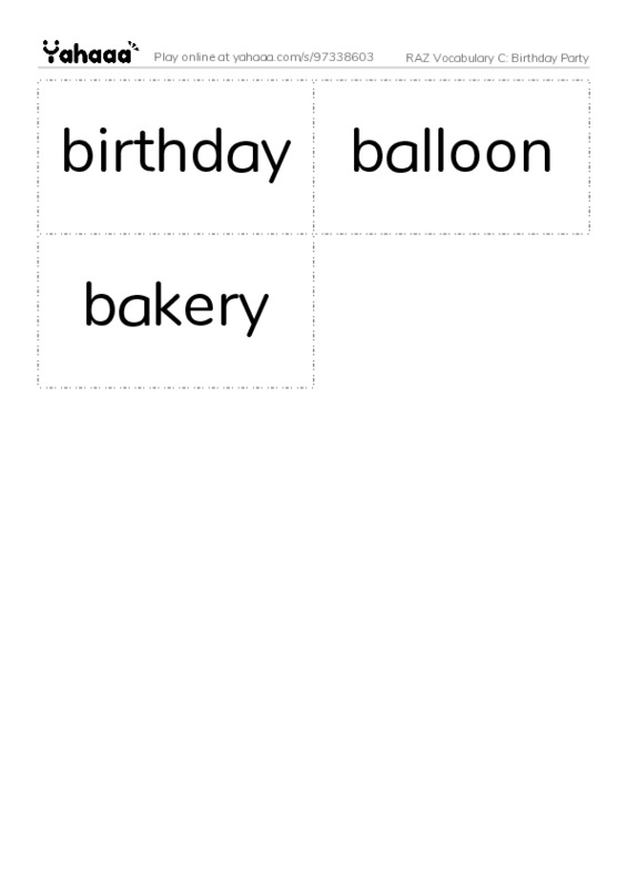 RAZ Vocabulary C: Birthday Party PDF two columns flashcards