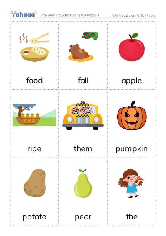 RAZ Vocabulary C: Fall Foods PDF flaschards with images