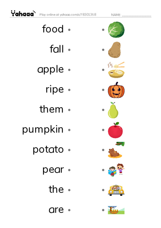 RAZ Vocabulary C: Fall Foods PDF link match words worksheet