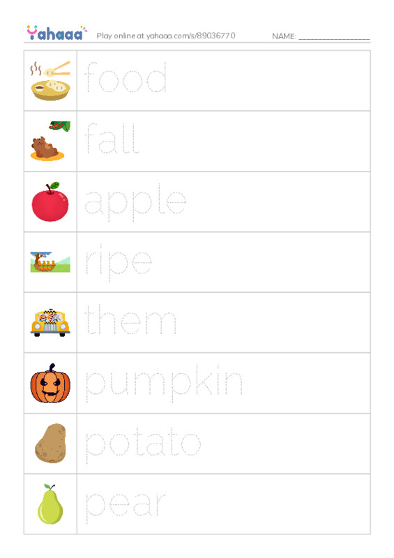 RAZ Vocabulary C: Fall Foods PDF one column image words