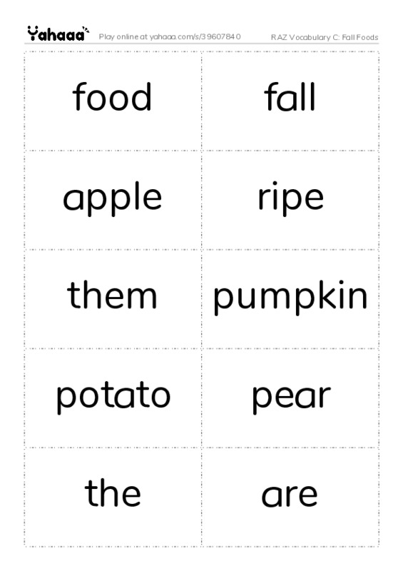 RAZ Vocabulary C: Fall Foods PDF two columns flashcards