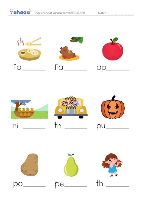 RAZ Vocabulary C: Fall Foods PDF worksheet to fill in words gaps