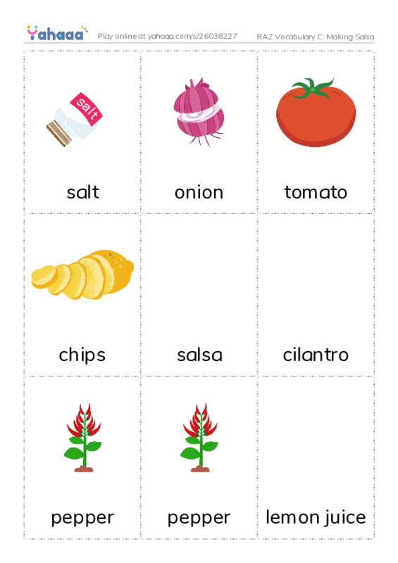 RAZ Vocabulary C: Making Salsa PDF flaschards with images