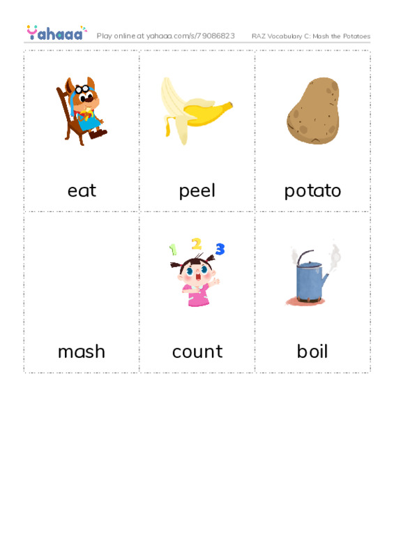 RAZ Vocabulary C: Mash the Potatoes PDF flaschards with images