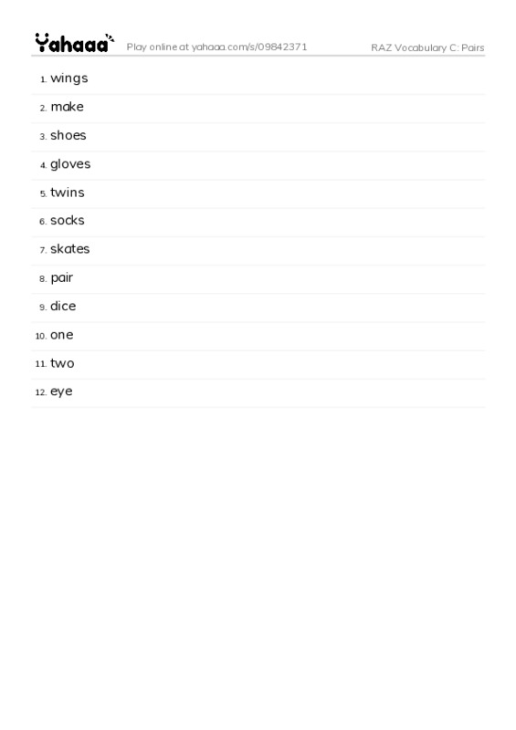RAZ Vocabulary C: Pairs PDF words glossary