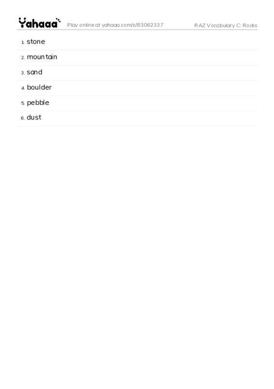 RAZ Vocabulary C: Rocks PDF words glossary
