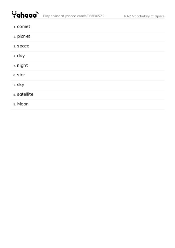 RAZ Vocabulary C: Space PDF words glossary