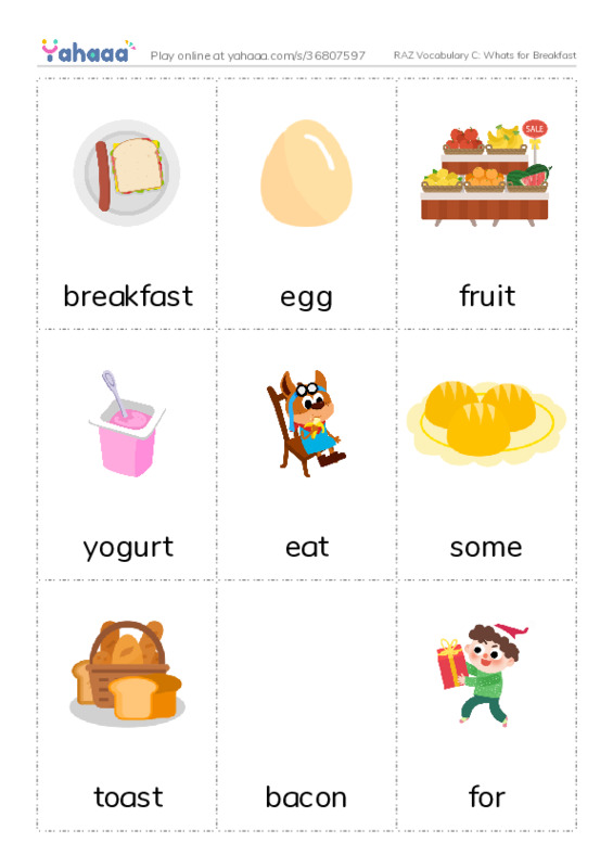 RAZ Vocabulary C: Whats for Breakfast PDF flaschards with images