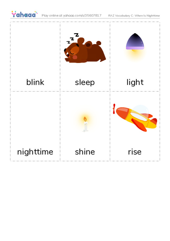 RAZ Vocabulary C: When Is Nighttime PDF flaschards with images