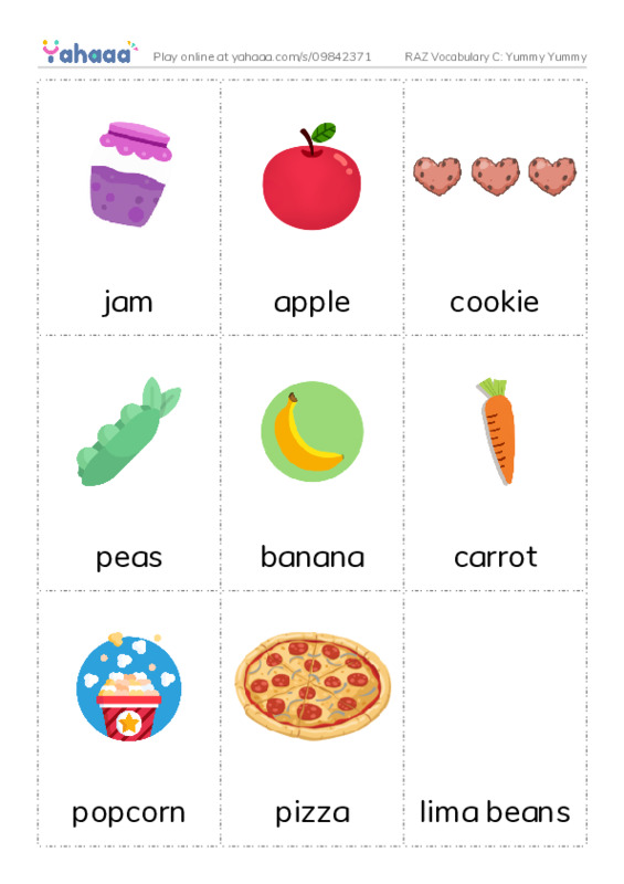 RAZ Vocabulary C: Yummy Yummy PDF flaschards with images