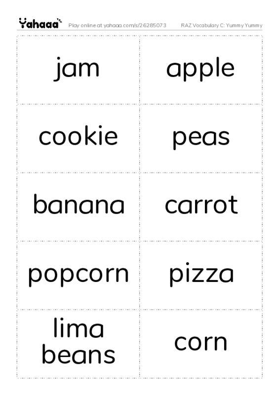 RAZ Vocabulary C: Yummy Yummy PDF two columns flashcards