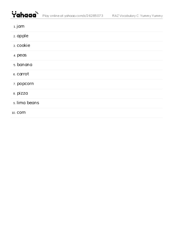 RAZ Vocabulary C: Yummy Yummy PDF words glossary