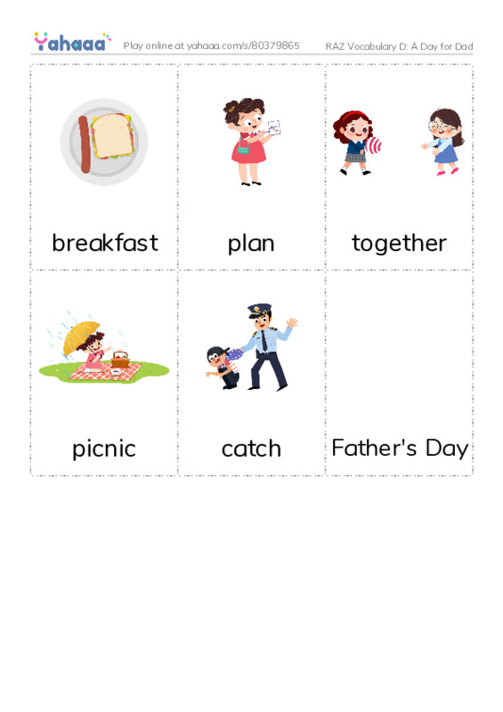 RAZ Vocabulary D: A Day for Dad PDF flaschards with images
