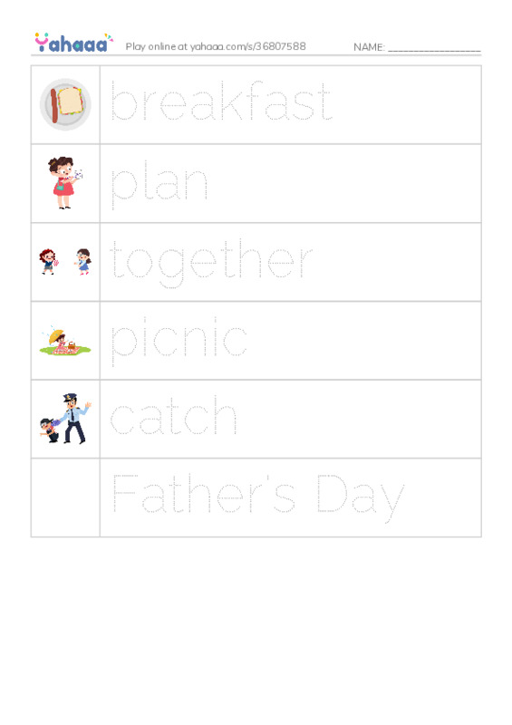 RAZ Vocabulary D: A Day for Dad PDF one column image words