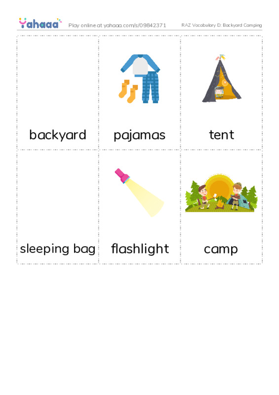 RAZ Vocabulary D: Backyard Camping PDF flaschards with images