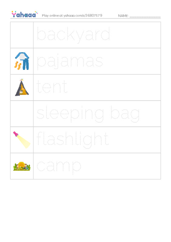 RAZ Vocabulary D: Backyard Camping PDF one column image words