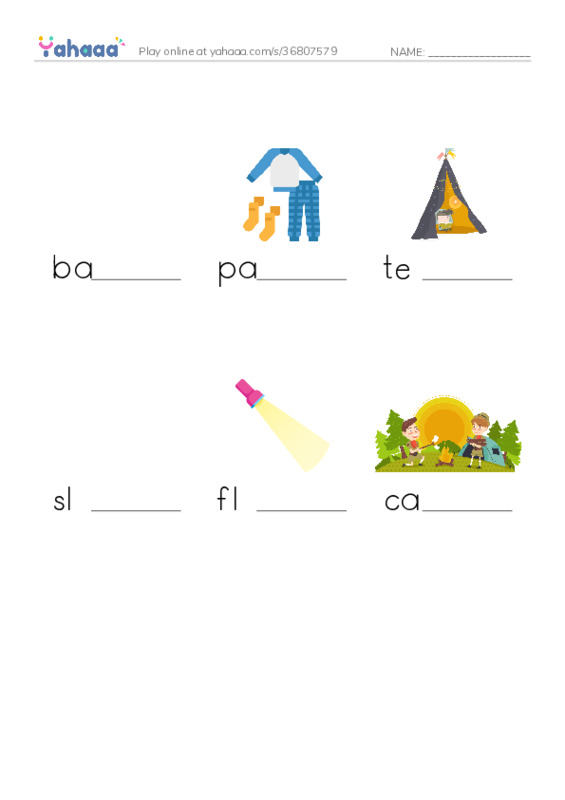 RAZ Vocabulary D: Backyard Camping PDF worksheet to fill in words gaps
