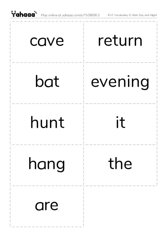 RAZ Vocabulary D: Bats Day and Night PDF two columns flashcards