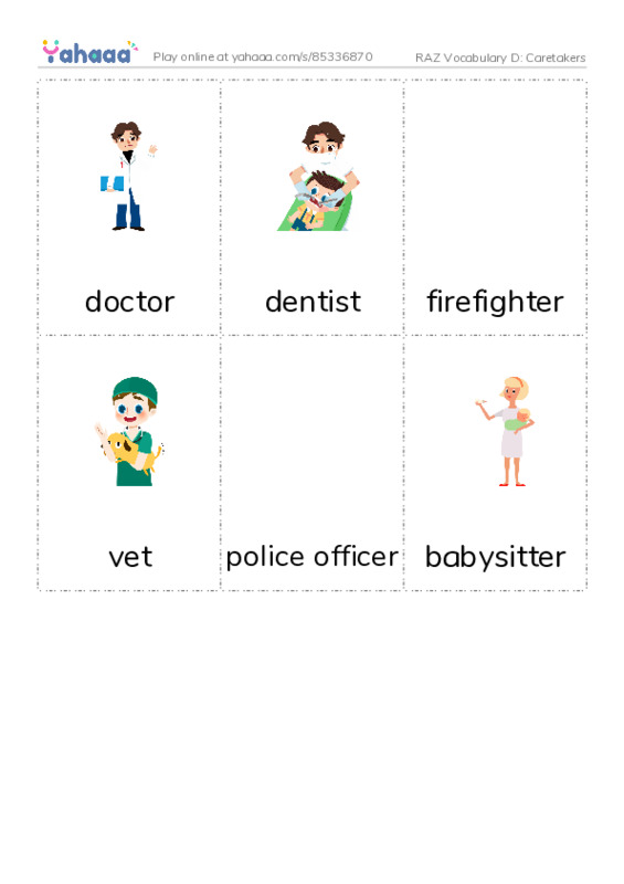 RAZ Vocabulary D: Caretakers PDF flaschards with images