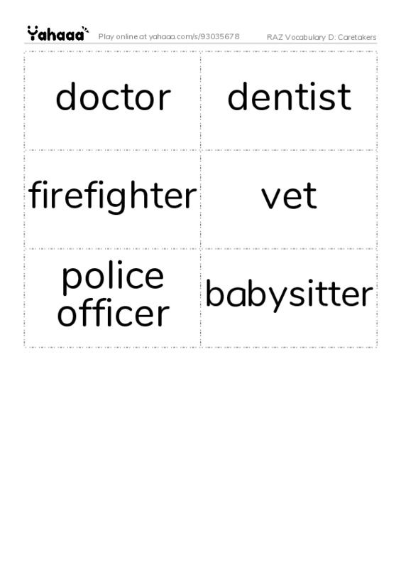RAZ Vocabulary D: Caretakers PDF two columns flashcards