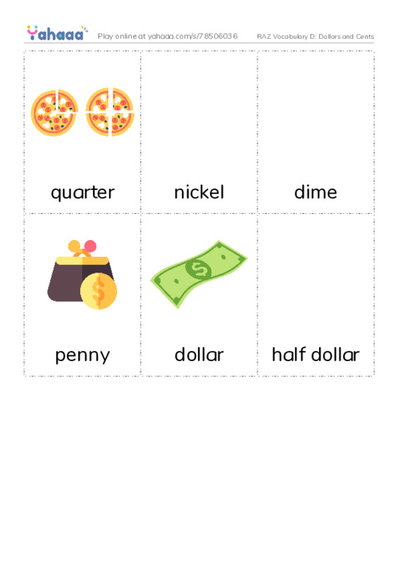 RAZ Vocabulary D: Dollars and Cents PDF flaschards with images