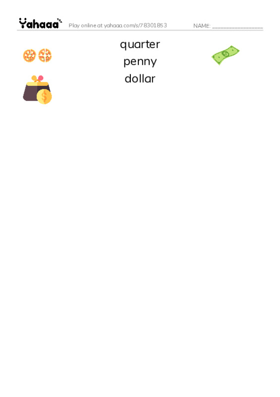 RAZ Vocabulary D: Dollars and Cents PDF three columns match words