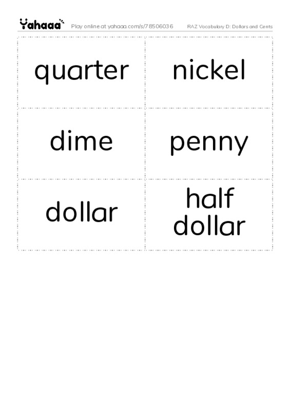 RAZ Vocabulary D: Dollars and Cents PDF two columns flashcards