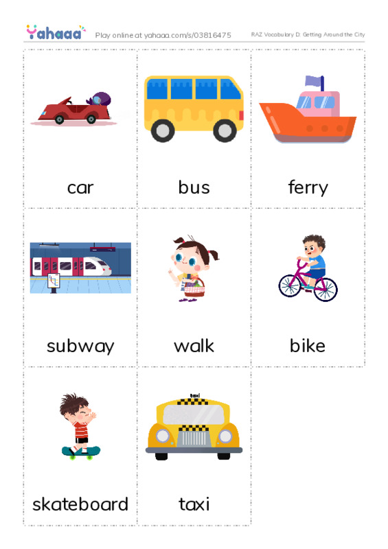 RAZ Vocabulary D: Getting Around the City PDF flaschards with images