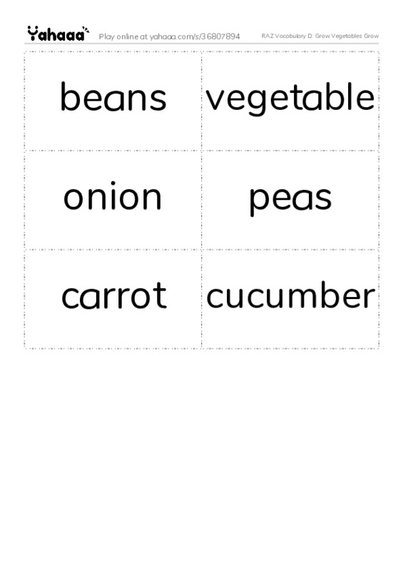 RAZ Vocabulary D: Grow Vegetables  PDF two columns flashcards