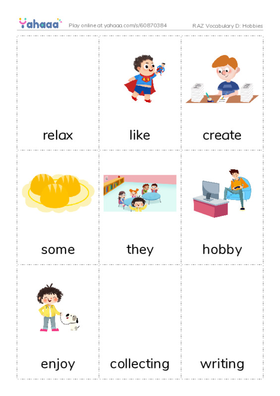 RAZ Vocabulary D: Hobbies PDF flaschards with images