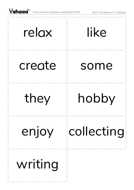 RAZ Vocabulary D: Hobbies PDF two columns flashcards