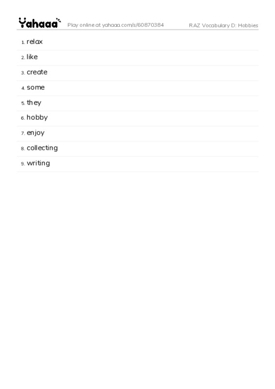 RAZ Vocabulary D: Hobbies PDF words glossary