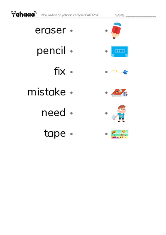 RAZ Vocabulary D: I Need An Eraser PDF link match words worksheet