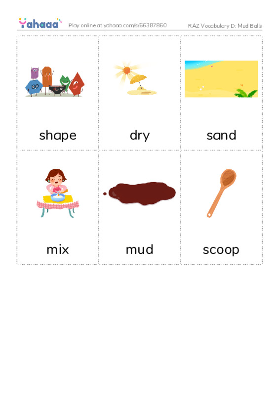 RAZ Vocabulary D: Mud Balls PDF flaschards with images
