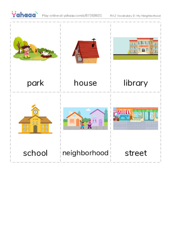 RAZ Vocabulary D: My Neighborhood PDF flaschards with images