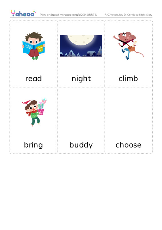 RAZ Vocabulary D: Our Good Night Story PDF flaschards with images