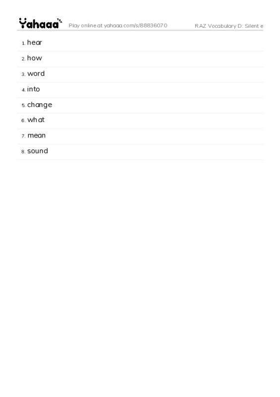 RAZ Vocabulary D: Silent e PDF words glossary