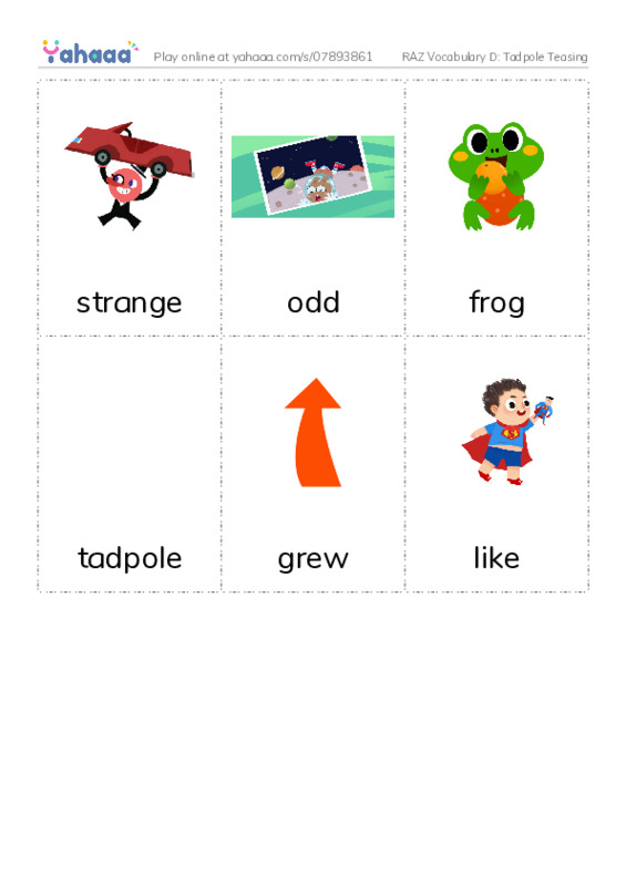 RAZ Vocabulary D: Tadpole Teasing PDF flaschards with images
